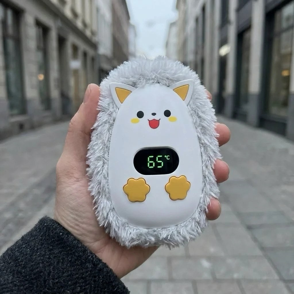 CozyPuff zorro blanco sujetado en la mano en una calle en invierno, con la pantalla marcando 65 grados