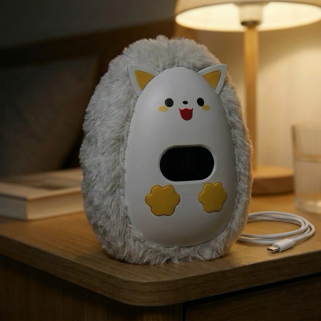 CozyPuff sobre una mesita de noche con su cable USB-C al lado