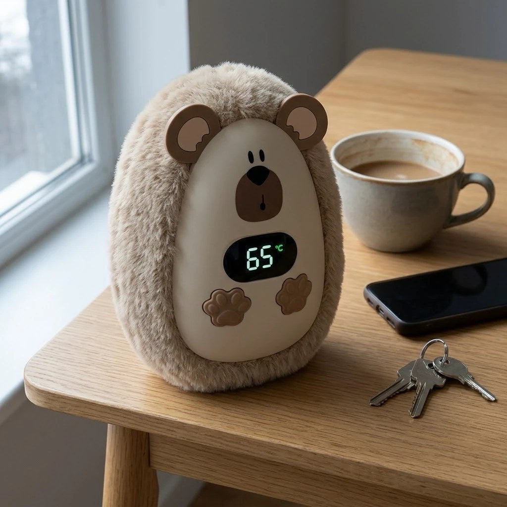 CozyPuff sobre una mesa junto a una taza de café, un móvil y unas llaves, con luz de ventana en invierno
